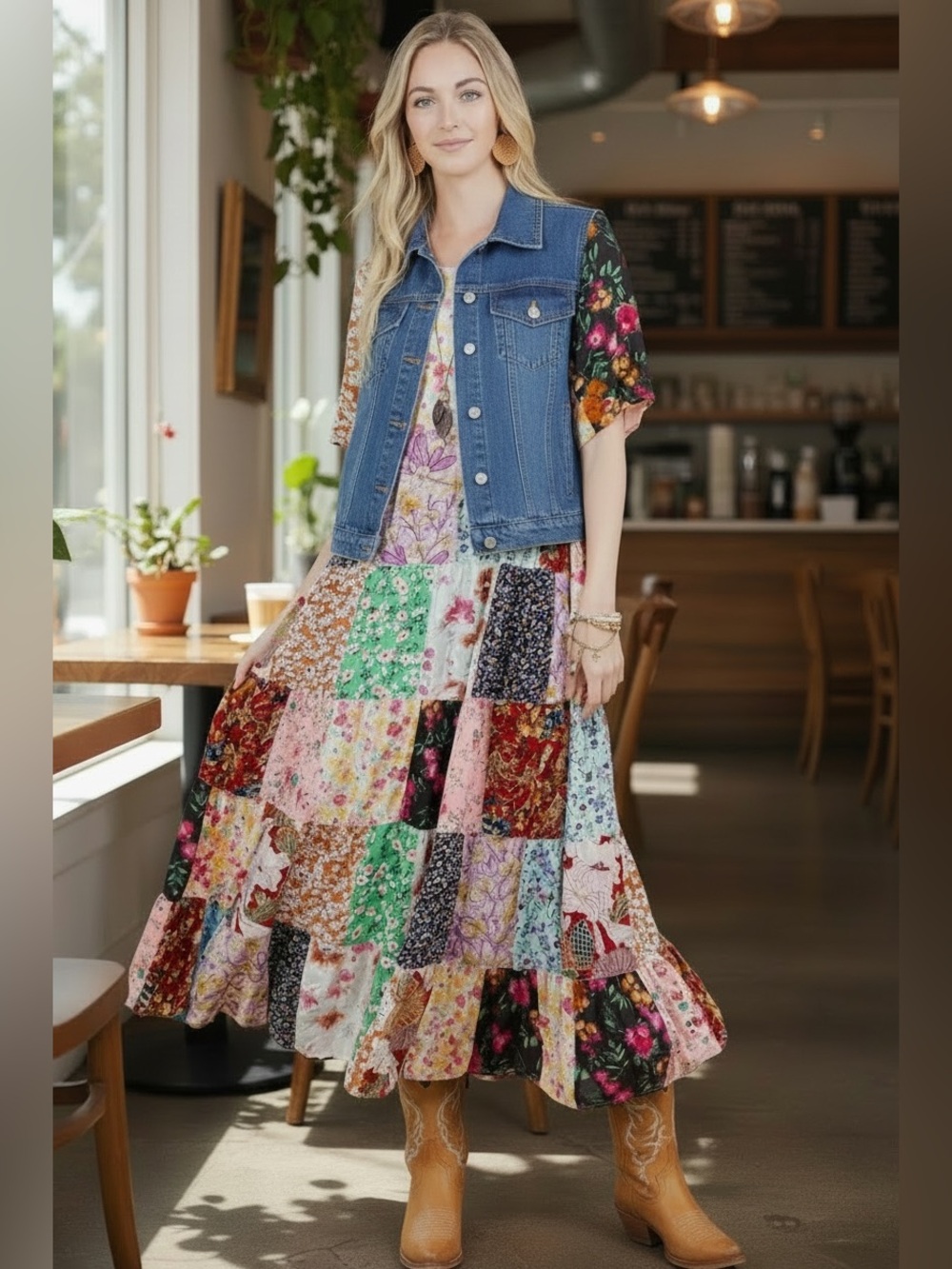 YOUNG THREADS Boho Multicolor Floral Patchwork Flowing Tiered Maxi Dress, M - Picture 2 of 8
